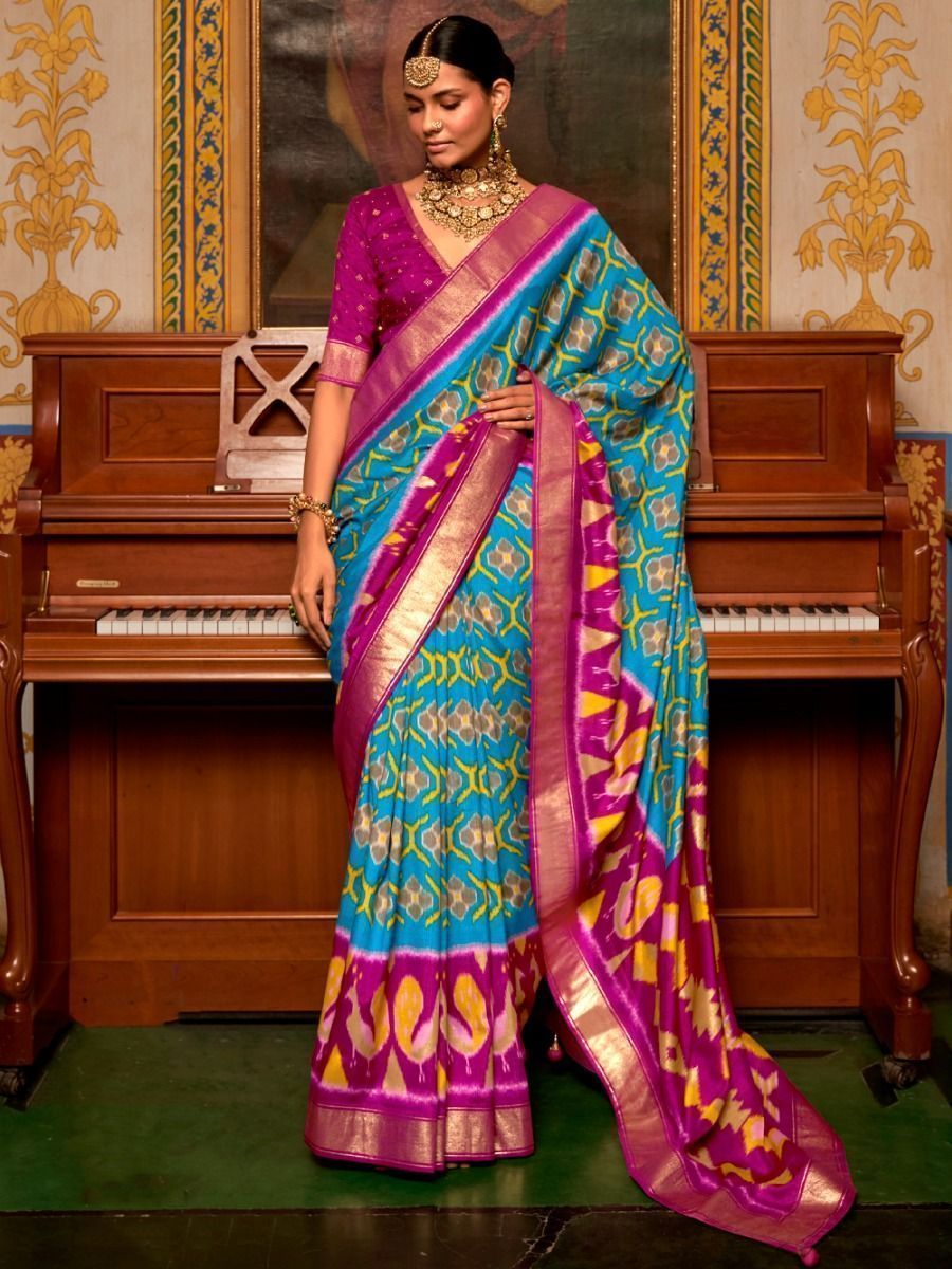 Exquisite Sky-Blue Patola Printed Silk Saree With Blouse
