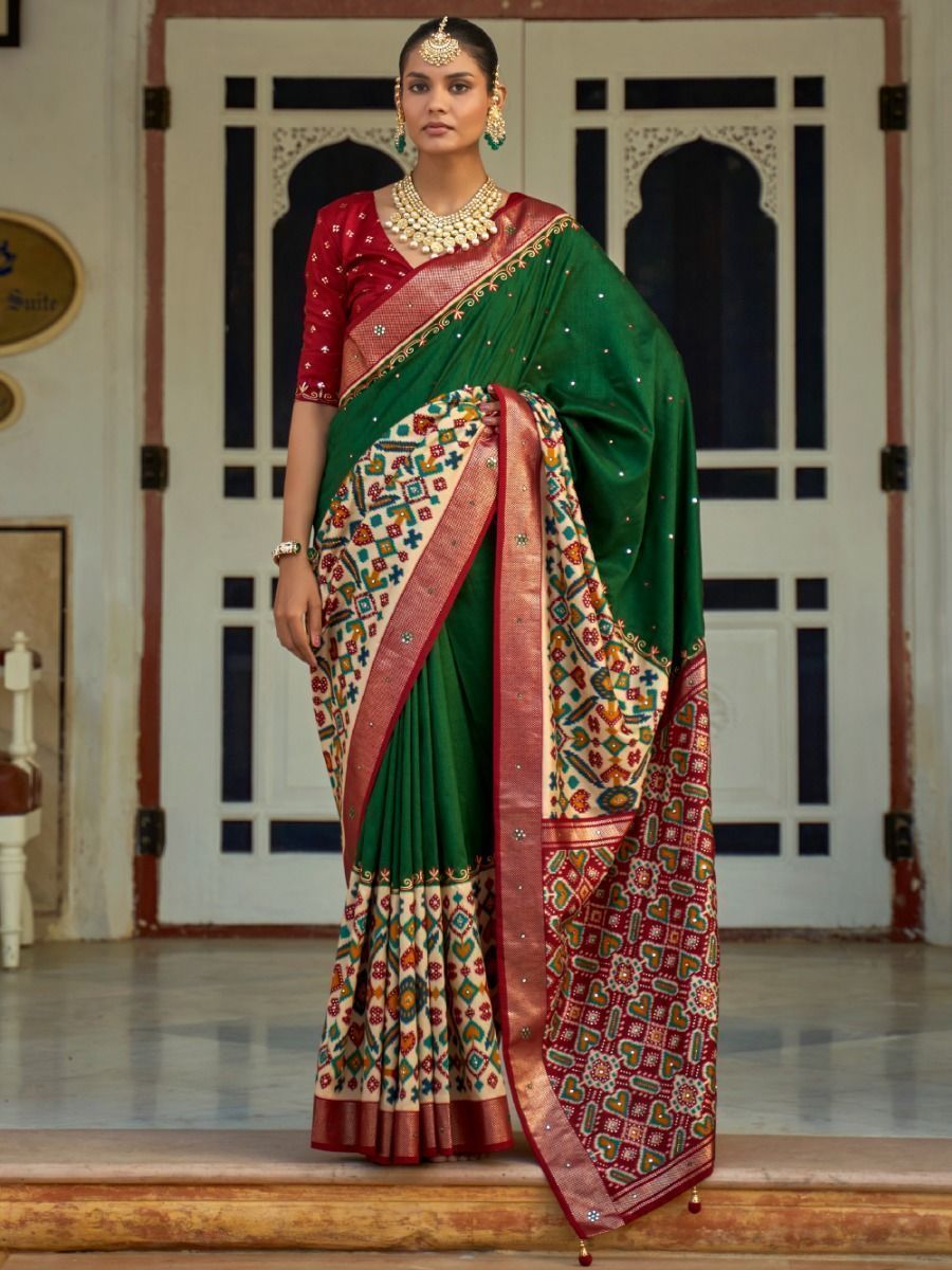 Appealing Green Thread Embroidered Patola Saree With Blouse
