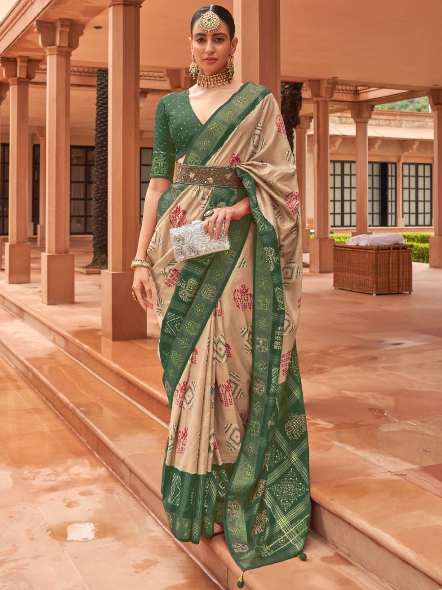 Ravishing Green And Beige Digital Printed Patola Silk Saree