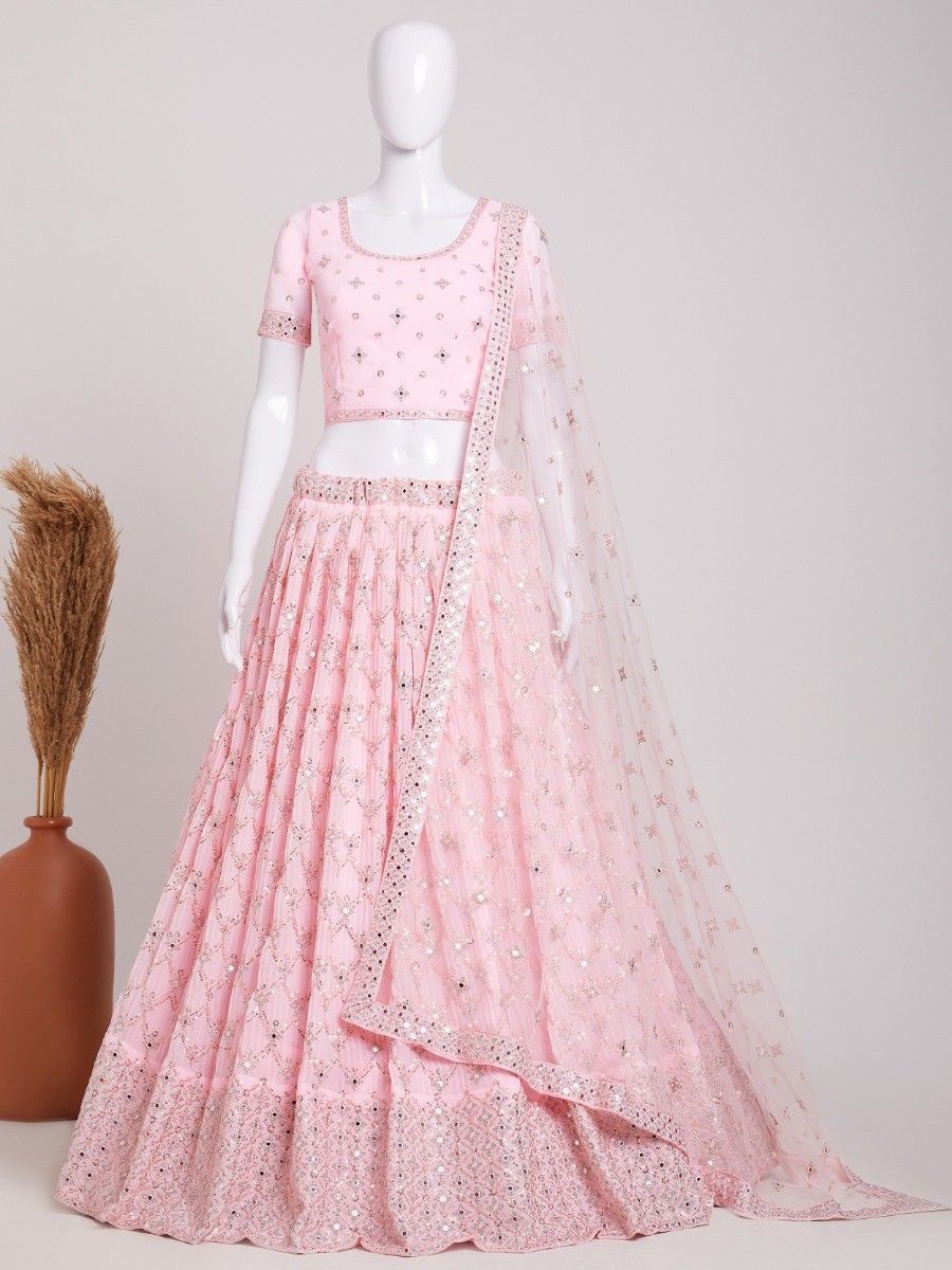 Alluring Baby Pink Sequins Georgette Engagement Wear Lehenga Choli 
