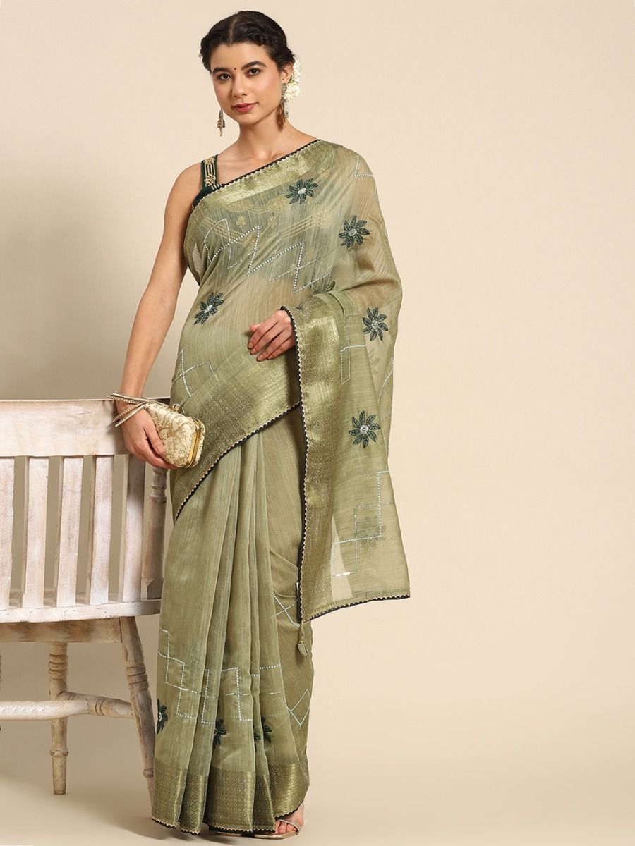 Glamorous Green Thread Embroidered Poly Cotton Festival Wear Saree
