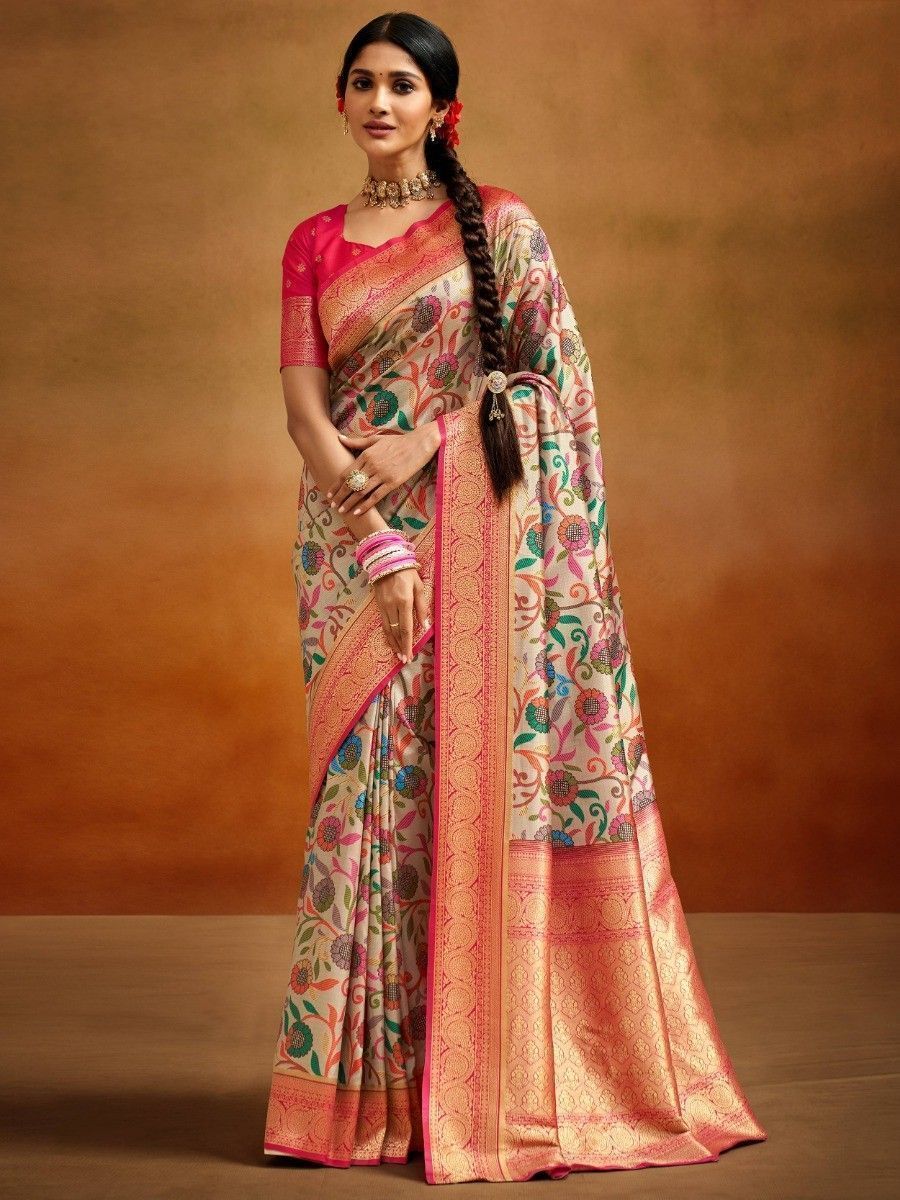 Incredible Off-White Kalamkari Printed Banarasi Silk Wedding Wear Saree
