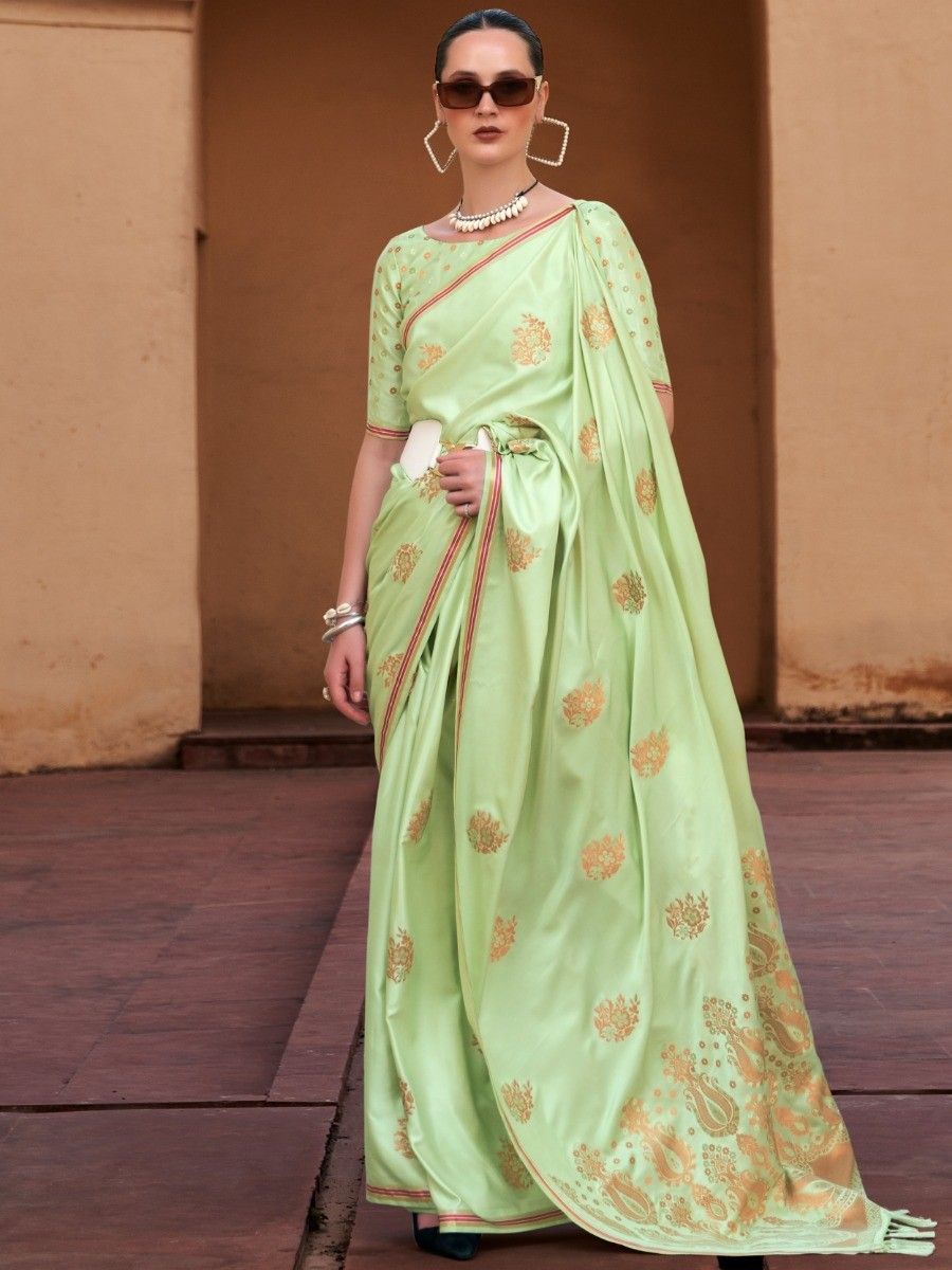 Beautiful Green Zari Weaving Satin Event Wear Saree With Blouse