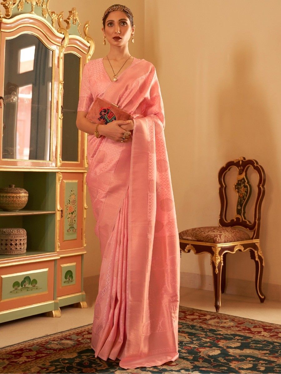 Peach plain silk saree with blouse - Mahotsav E Solution - 4080657
