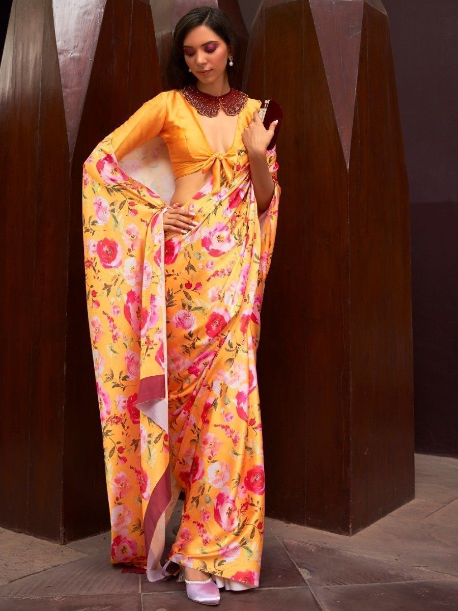 Fascinating Yellow Floral Printed Satin Event Wear Saree With Blouse