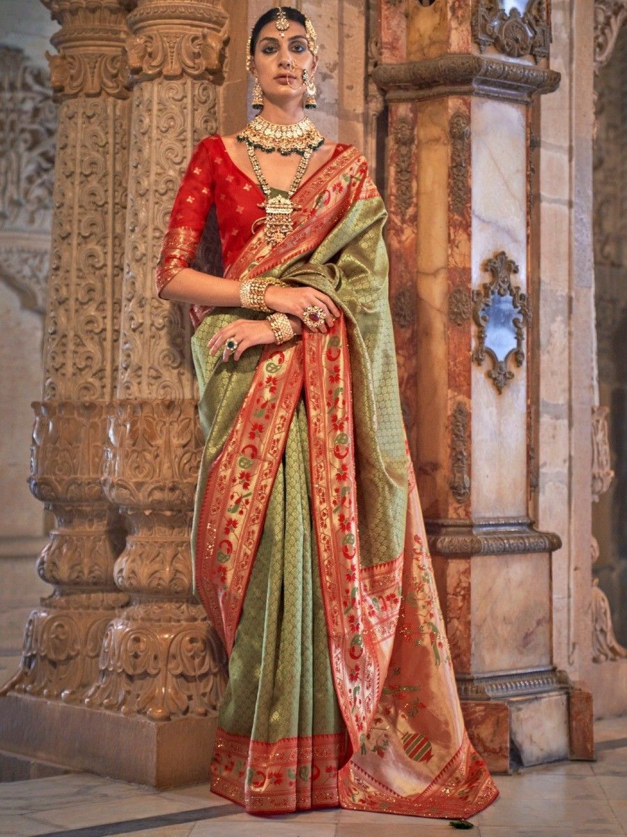 Excellent Green Zari Woven Silk Wedding Wear Saree With Blouse