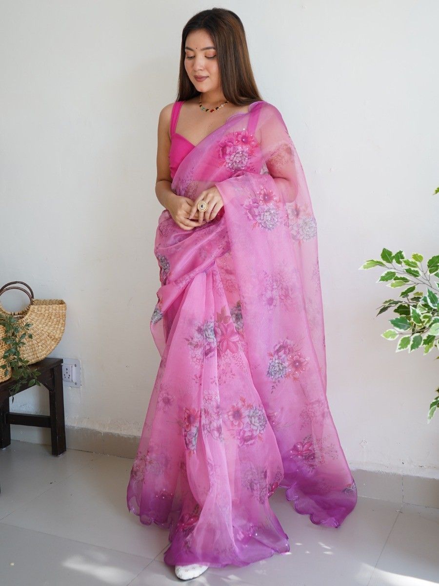 Marvelous Pink Floral Printed Organza Festive Wear Saree With Blouse
