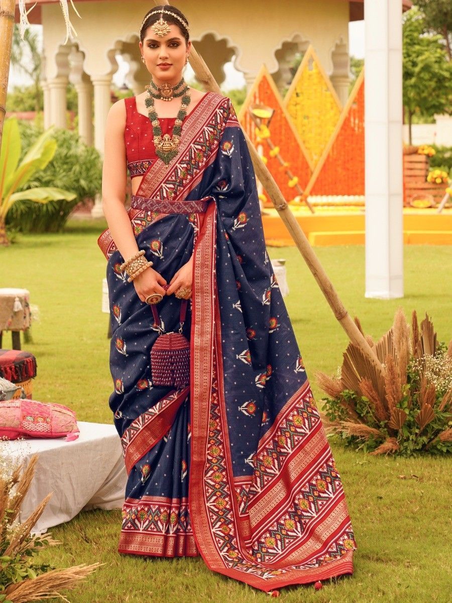 Astonishing Navy-Blue Patola Printed Silk Festival Wear Saree