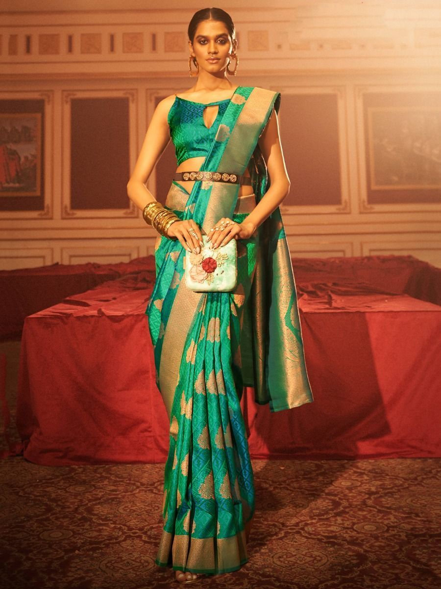 Buy Green Zari weaving Silk Engagement wear Saree