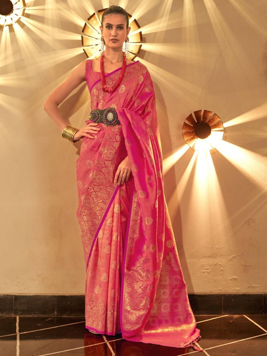 Buy Peach Zari Weaving Silk Saree With Blouse Online At Ethnic Plus
