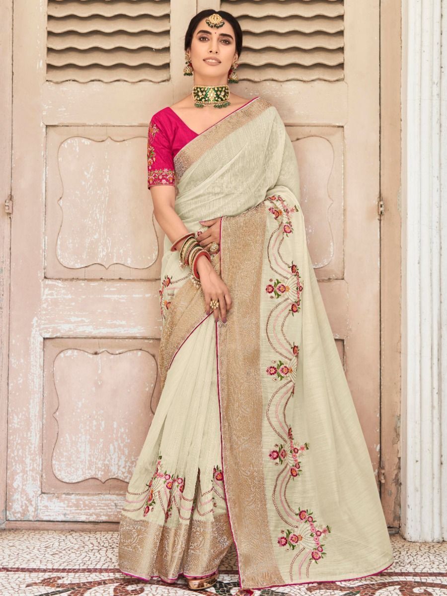 Delight Beige Embroidered Cotton Festival Wear Saree With Blouse