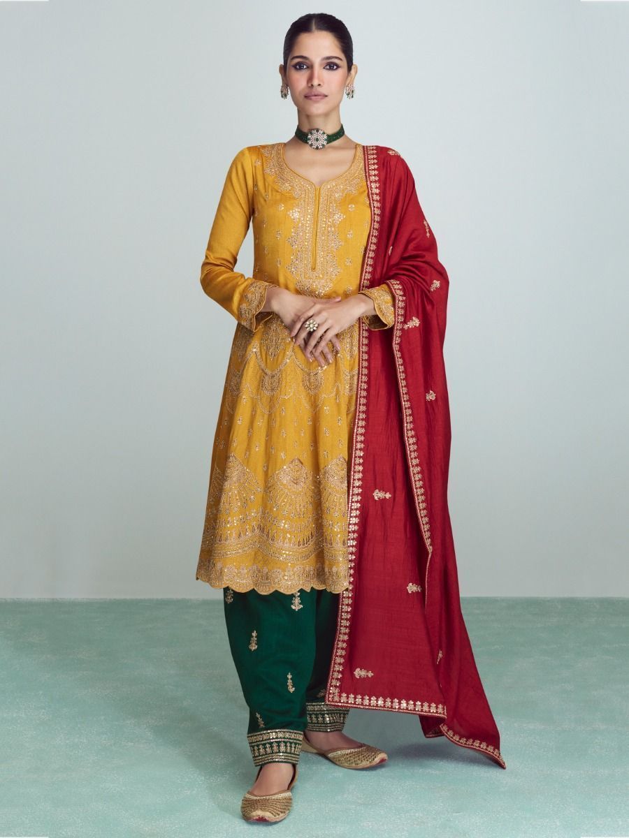 Marvelous Yellow Sequins Work Silk Salwar Suit With Dupatta