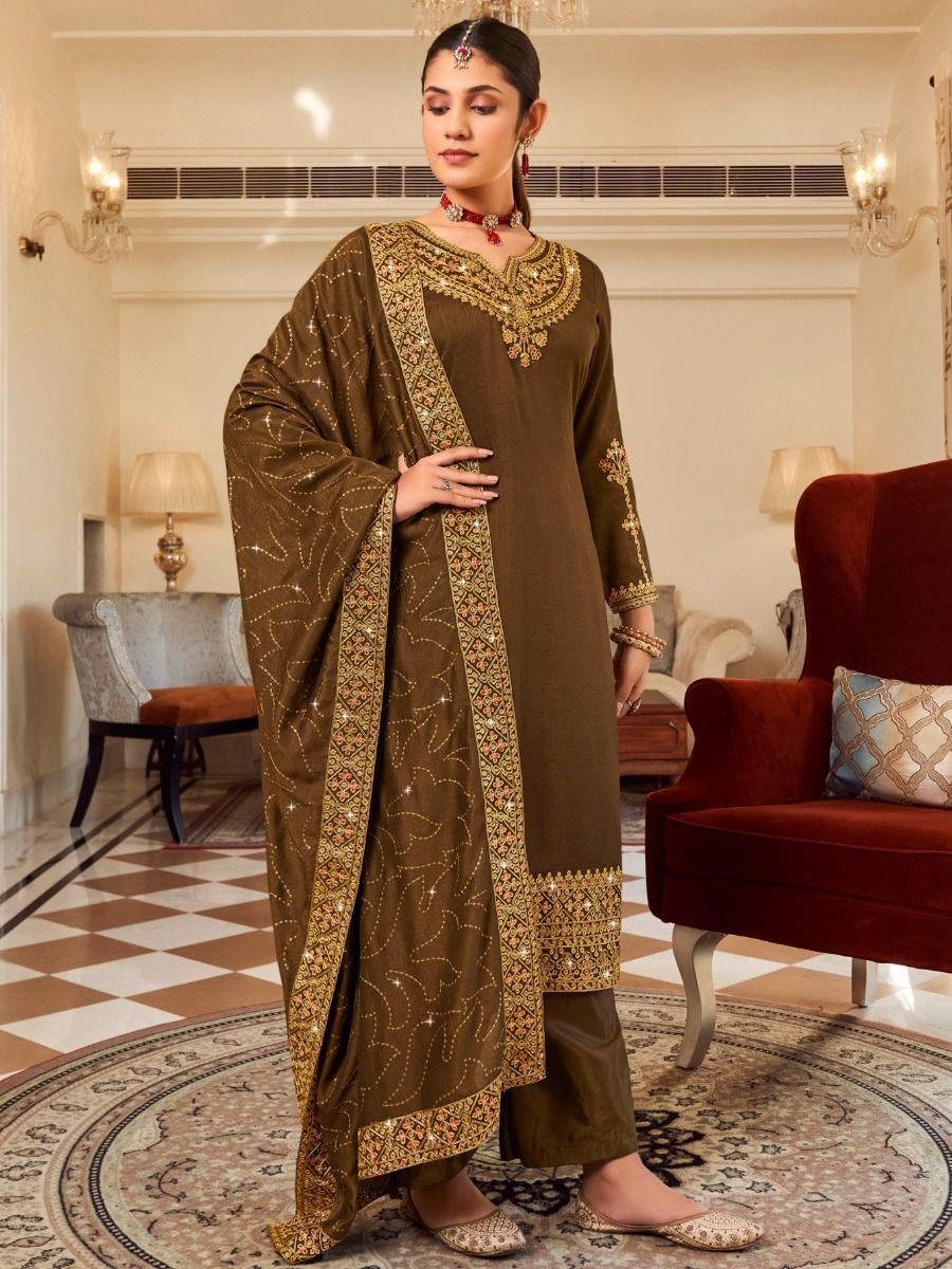 Embrace Mehendi Green Embroidered Vichitra Festive Pakistani Suits