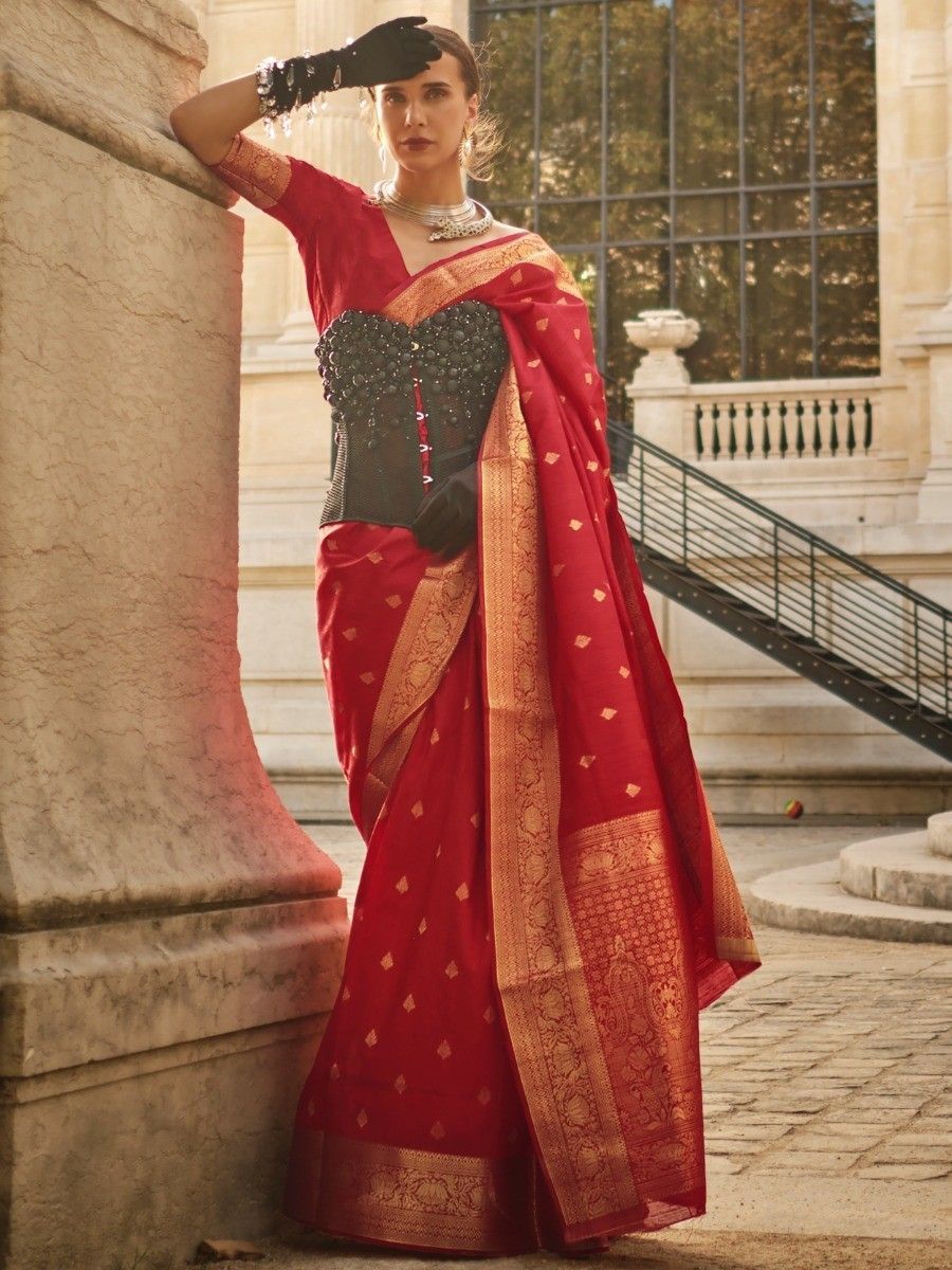 Adorable Red Zari Weaving Silk Wedding Wear Saree With Blouse
