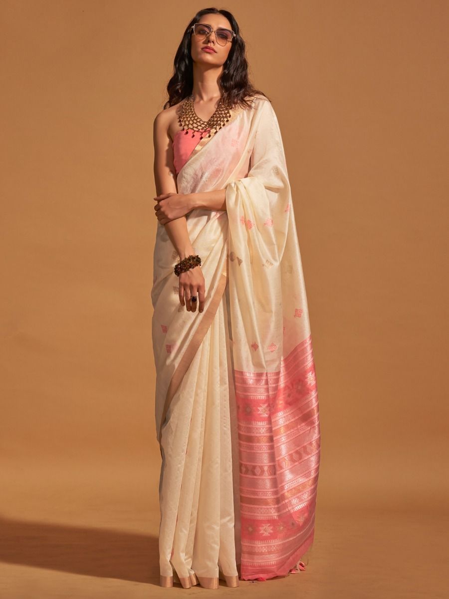 Adorable Cream Zari Weaving Silk Festival Wear Saree With Blouse