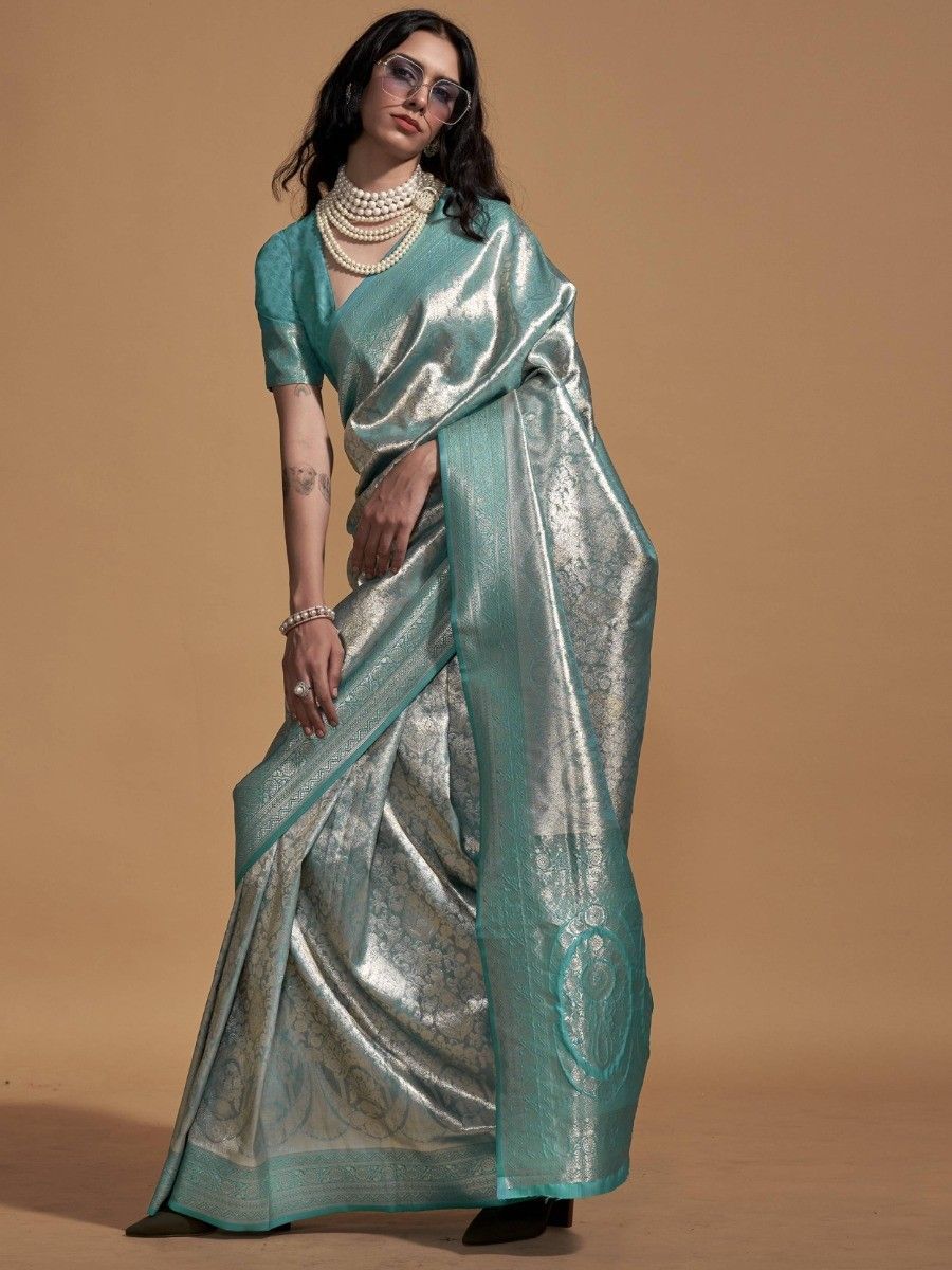 Attractive Turquoise Zari Weaving Silk Wedding Wear Saree With Blouse