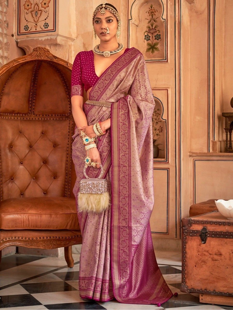 Adorable Purple Zari Weaving Silk Wedding Wear Saree With Blouse
