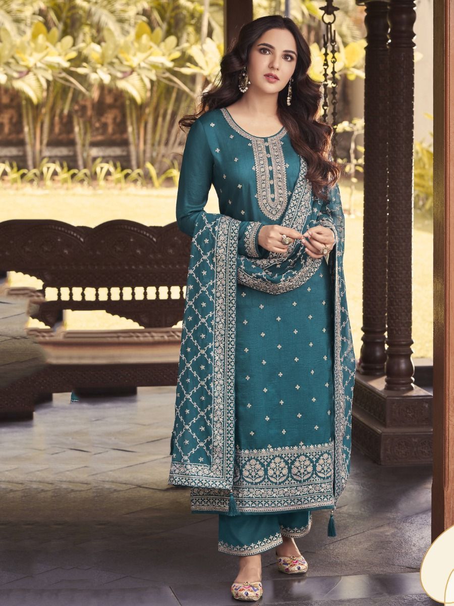 Exquisite Turquoise Embroidered Dola Silk Party Wear Salwar Kameez