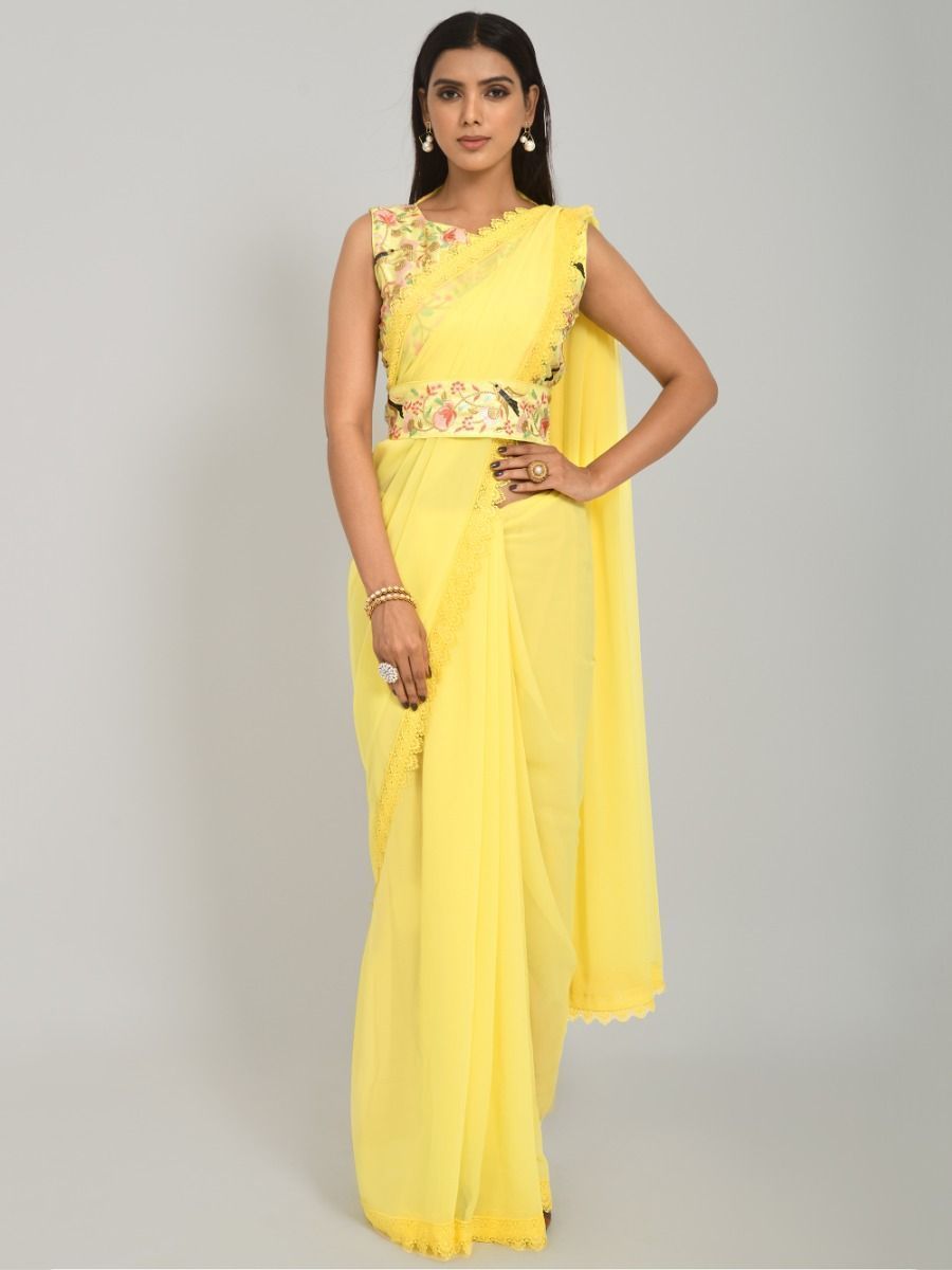 Bright yellow Georgette Saree With Ready Made Embroidered Blouse