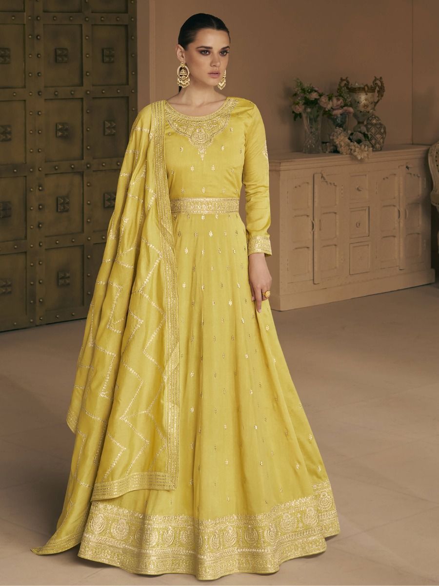 Prominent Yellow Embroidery Silk Ready-Made Festive Wear Gown
