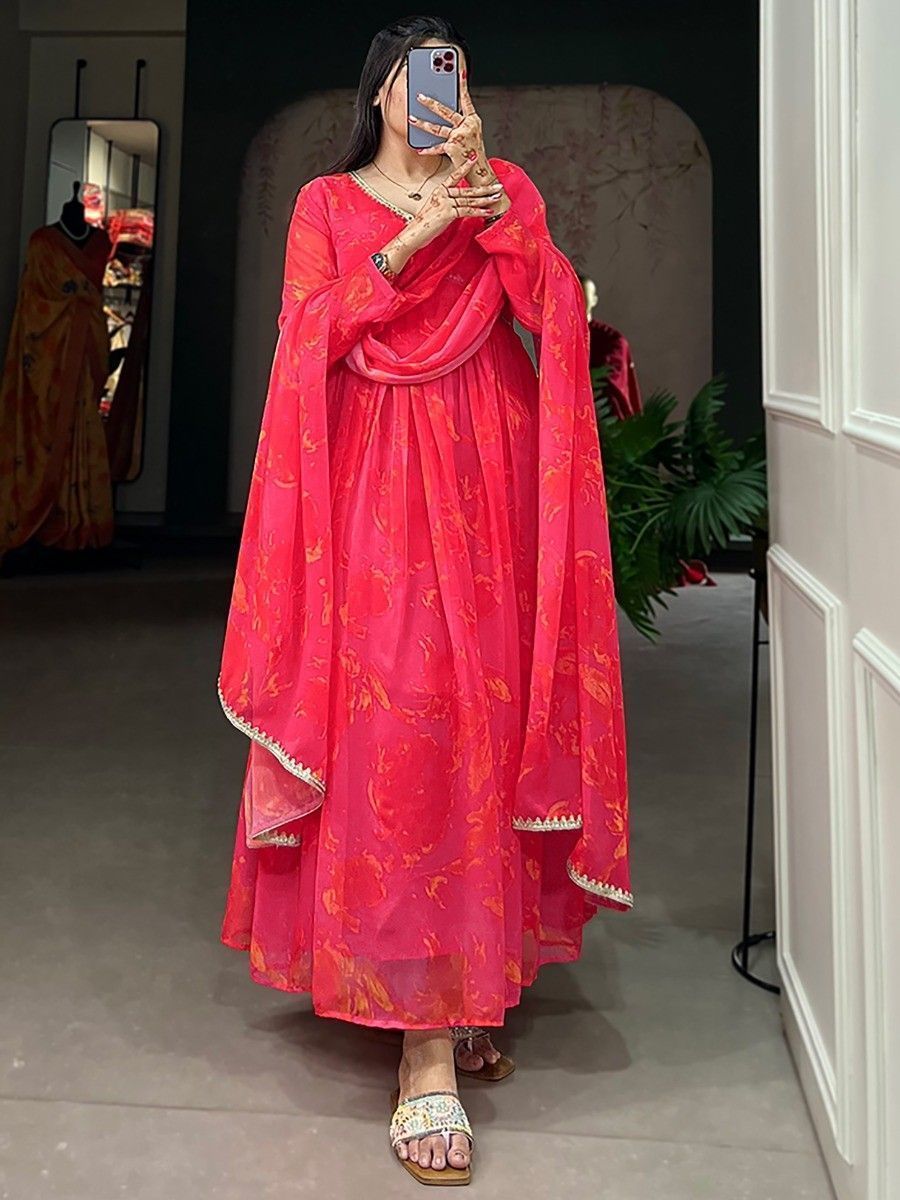 Fascinating Pink Floral Printed Georgette Gown With Dupatta
