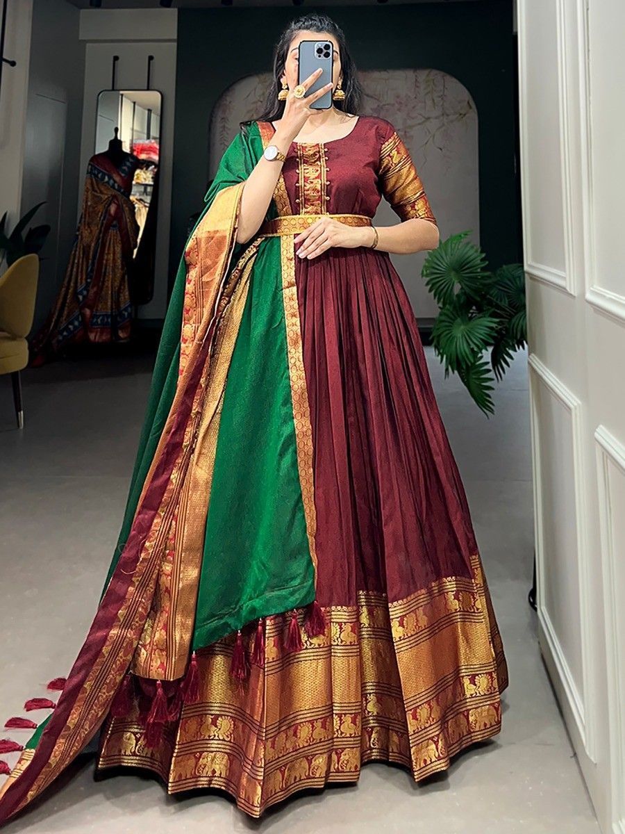 Stunning Maroon Zari Weaving Cotton Festival Wear Gown With Dupatta