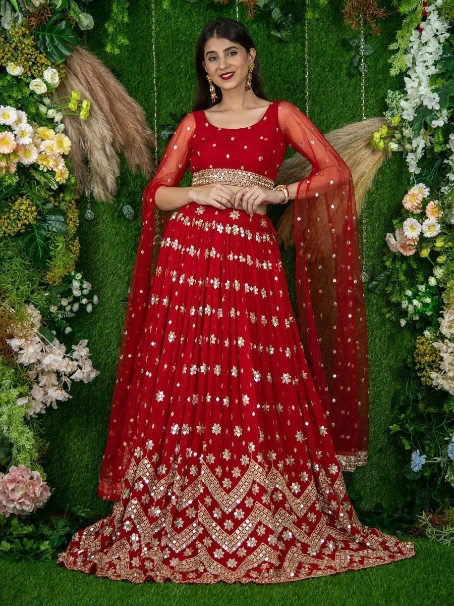 Alluring Red Sequins Georgette Lehenga Choli With Attached Dupatta
