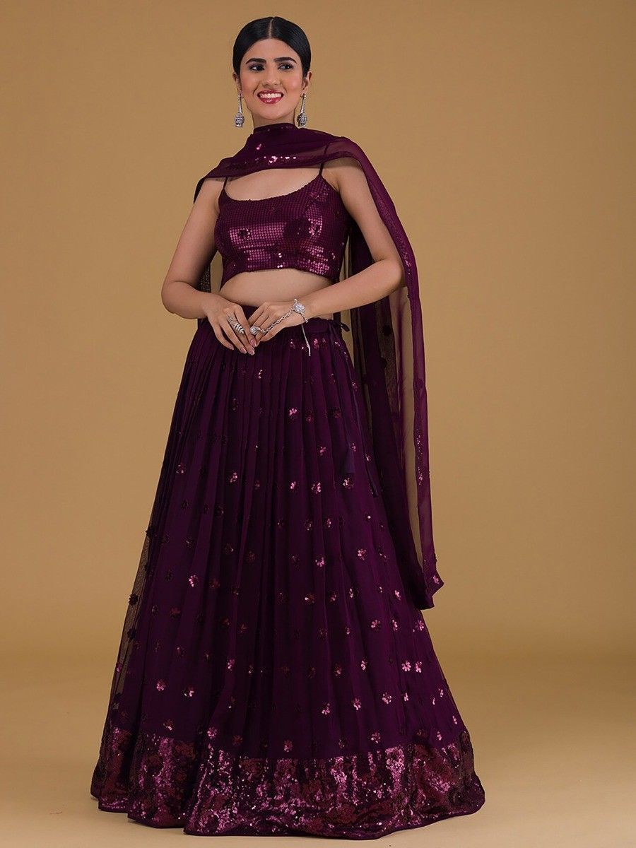 Awesome Purple Sequins Georgette Sangeet Wear Lehenga Choli
