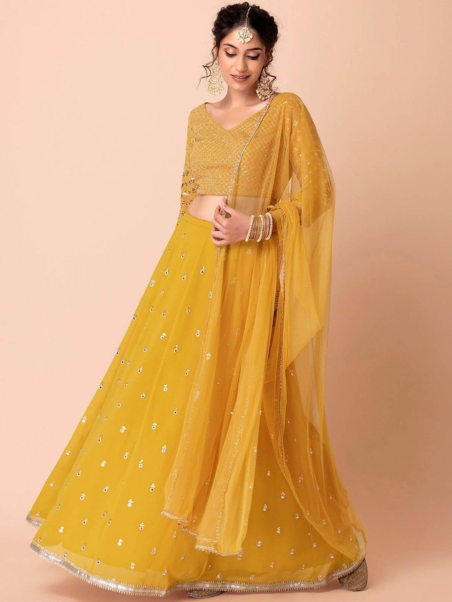 Attractive Yellow Sequins Georgette Haldi Wear Lehenga Choli