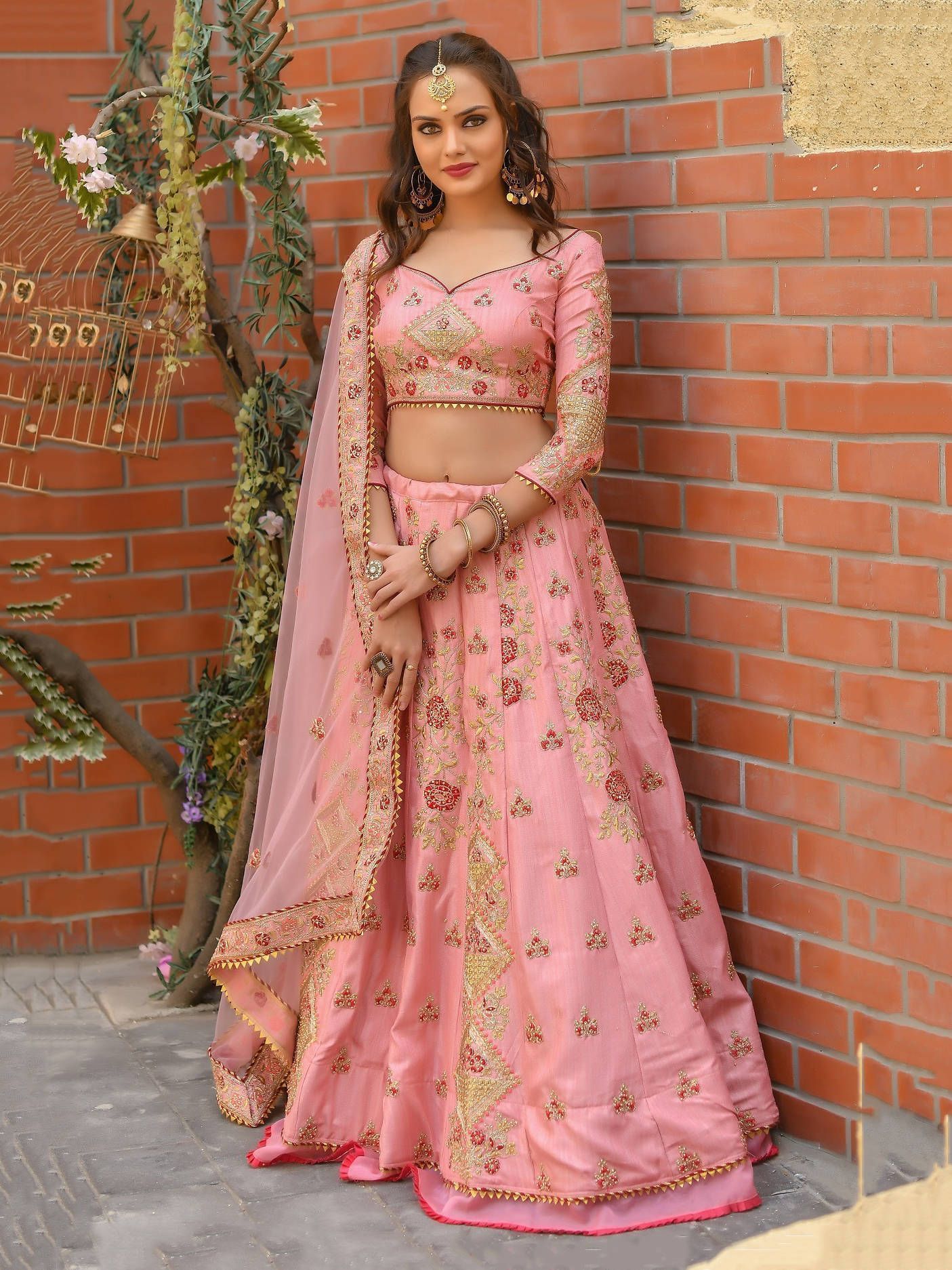 Baby Pink Resham Work Silk Wedding Lehenga Choli With Dupatta