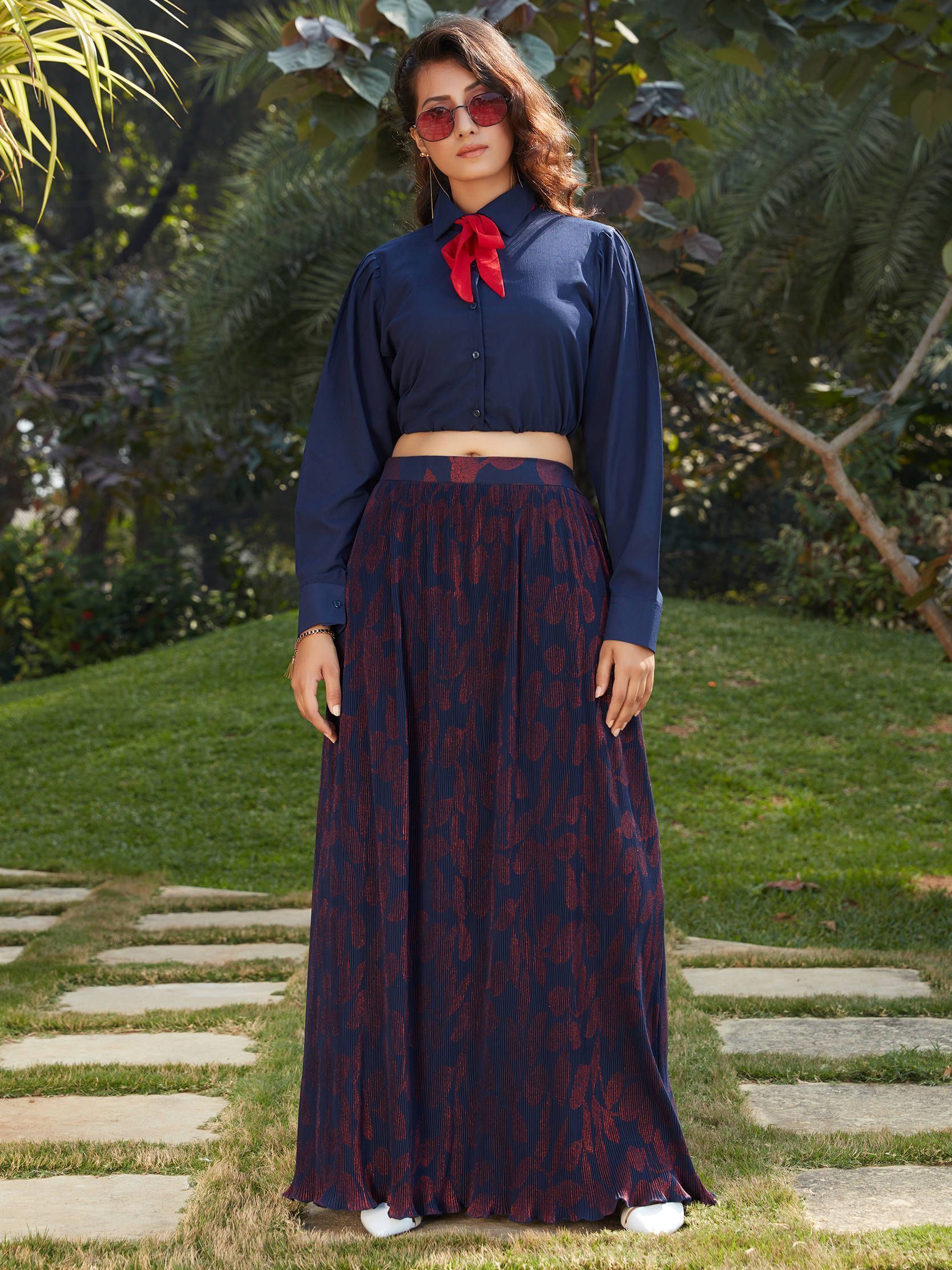  Navy Blue Imported Indo Western Ready To Wear Skirt With Crop Top