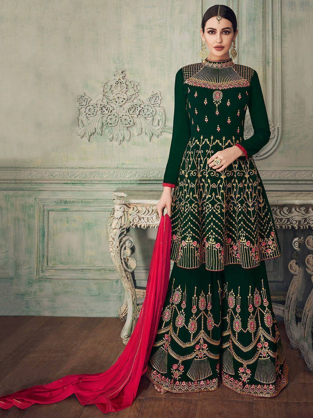 Dark Green Embroidered Georgette Festive Pakistani Sharara Suit 