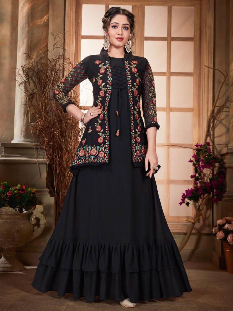 Buy Black Ruffle Georgette Party Wear Gown With Embroidered Jacket ...