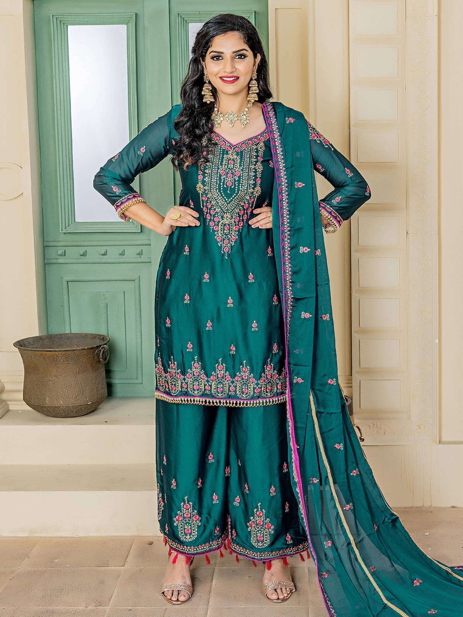 Teal Green Embroidered Silk Straight Cut Pant Suit With Dupatta