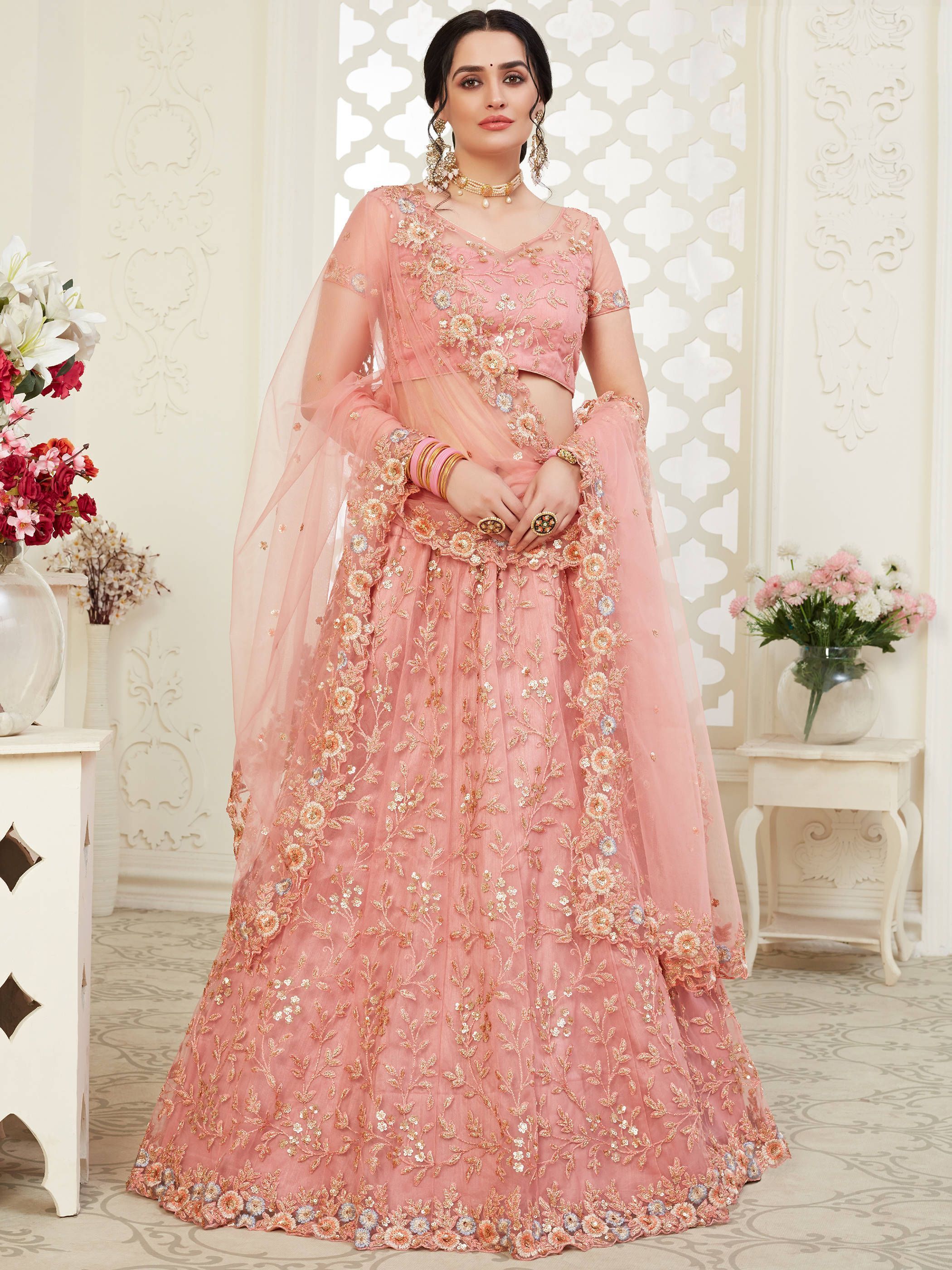 Pink Color Thread Net Bridal Wear Lehenga Choli