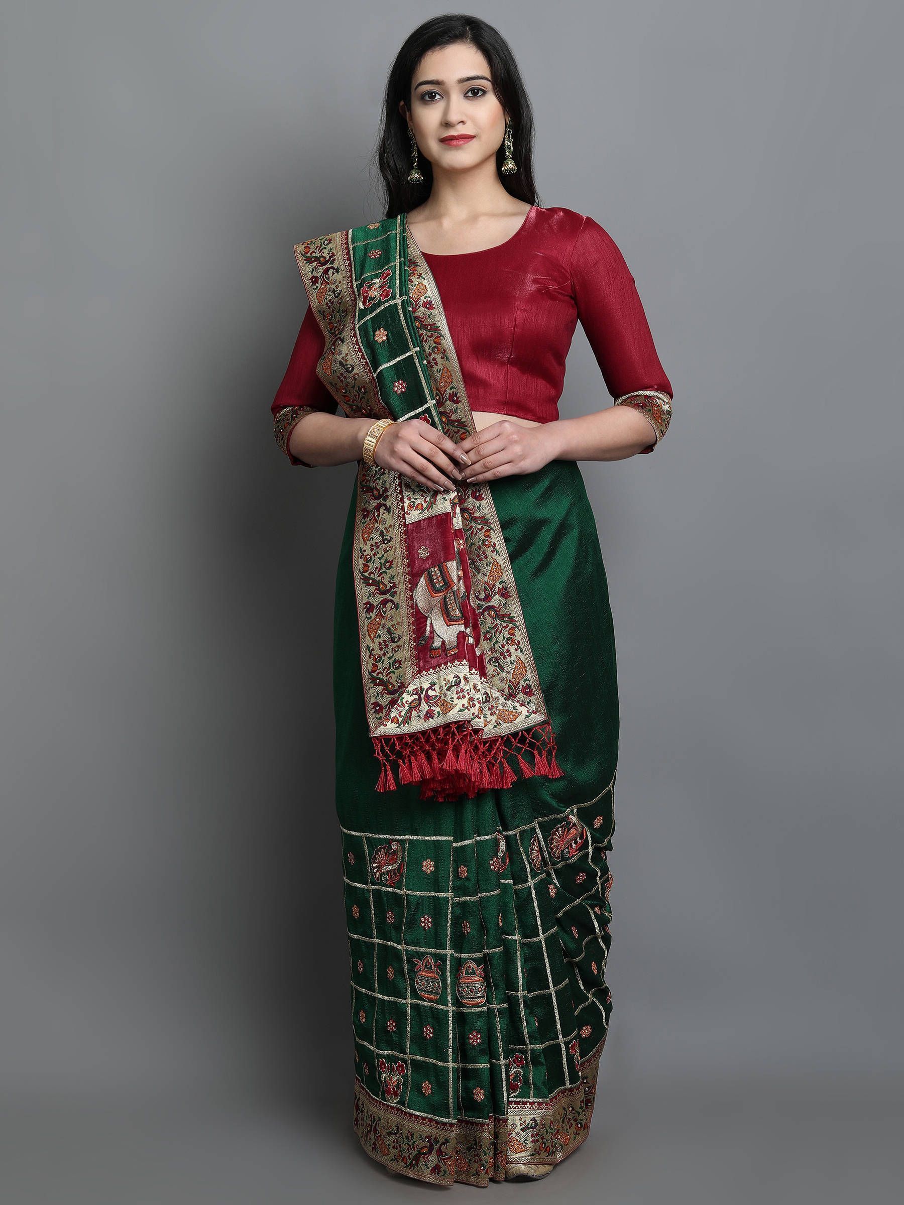 Green & Maroon Embroidered Silk Bridal Wear Panetar Saree
