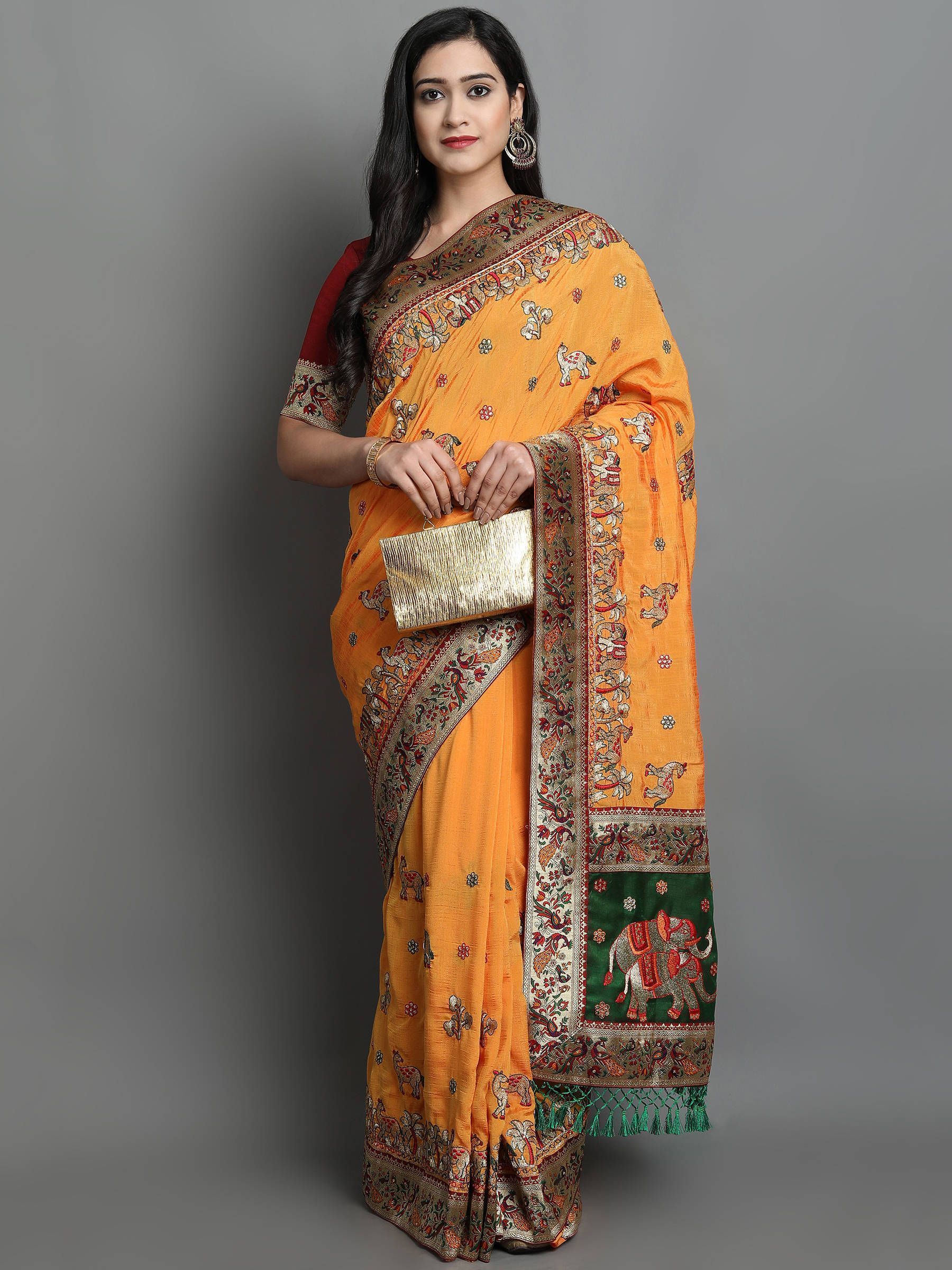 Yellow Embroidered Silk Bridal Wear Panetar Saree