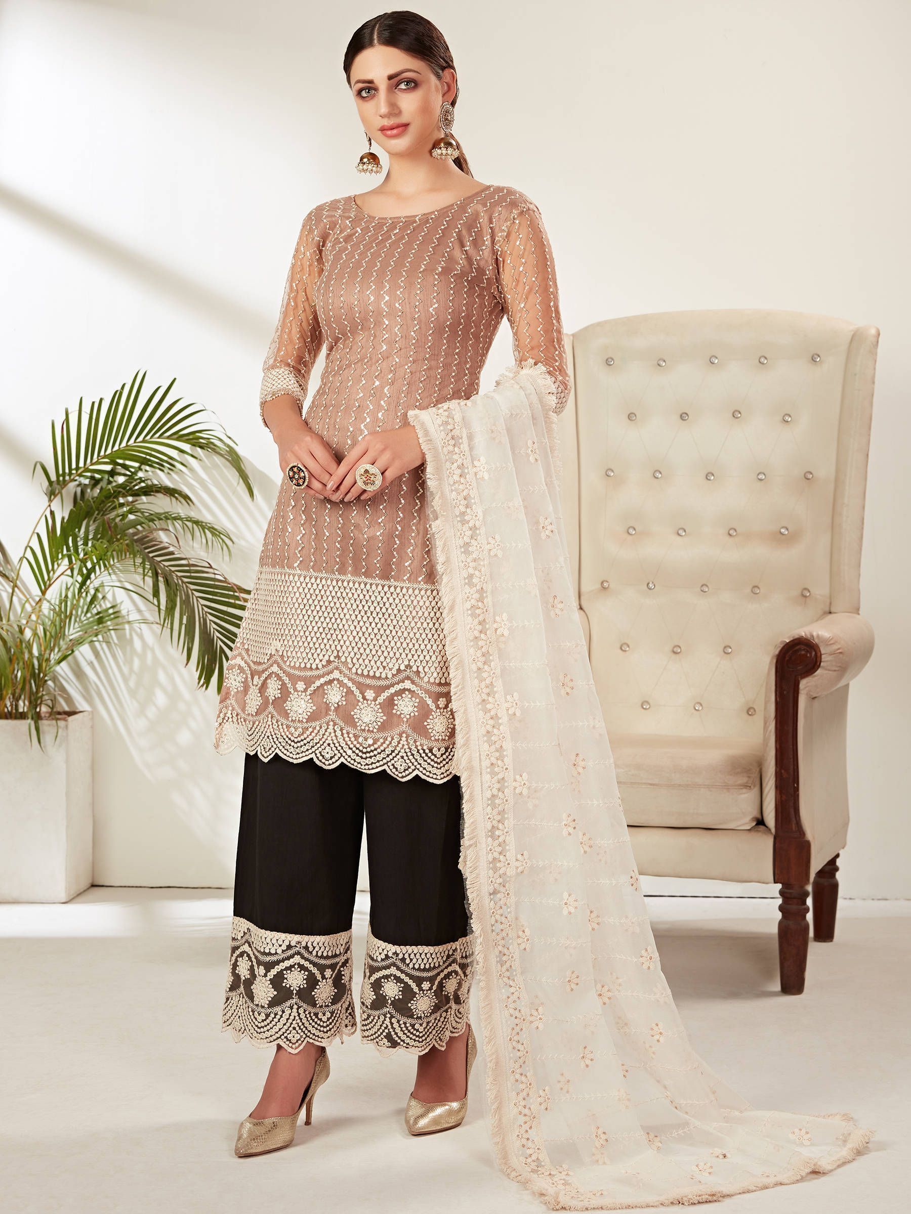Brown Embroidered Party Wear Straight Cut Palazzo Suit