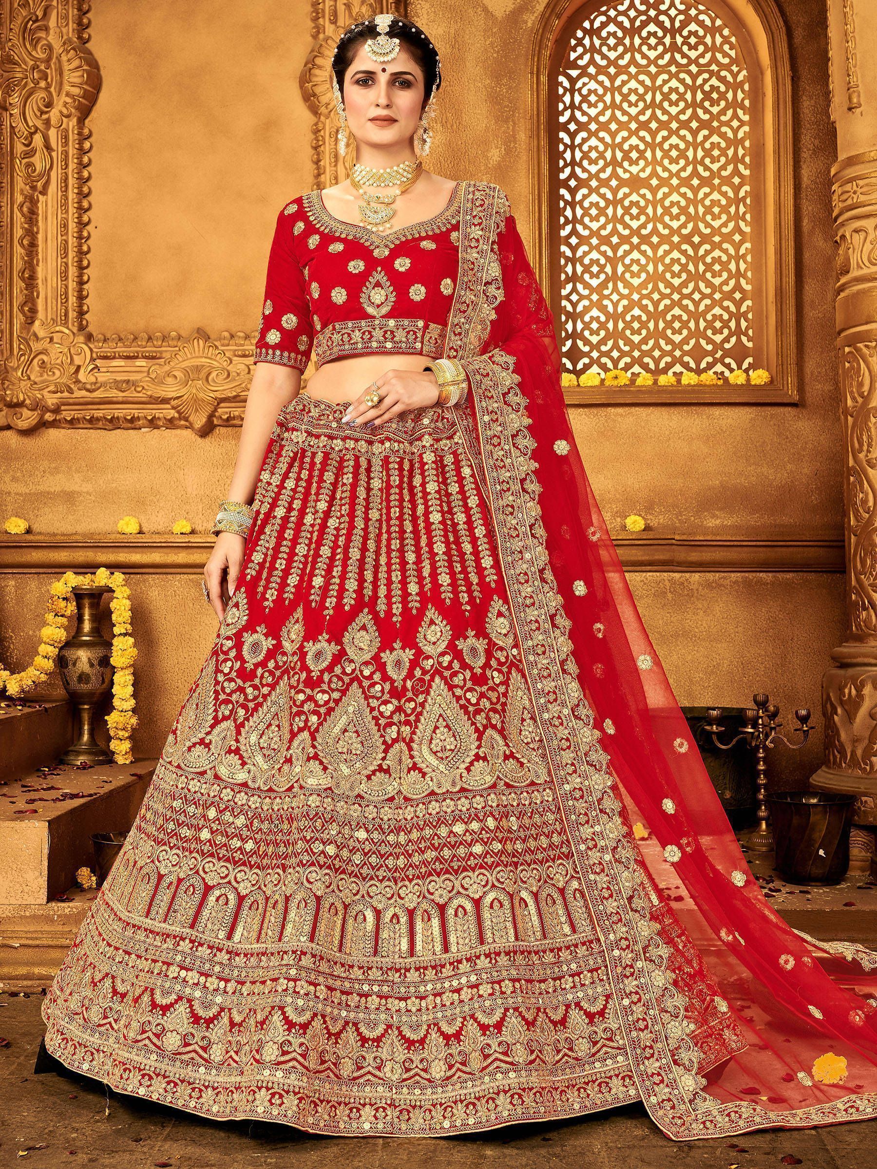 Red Stone Embroidered Velvet Bridal Wear Lehenga Choli
