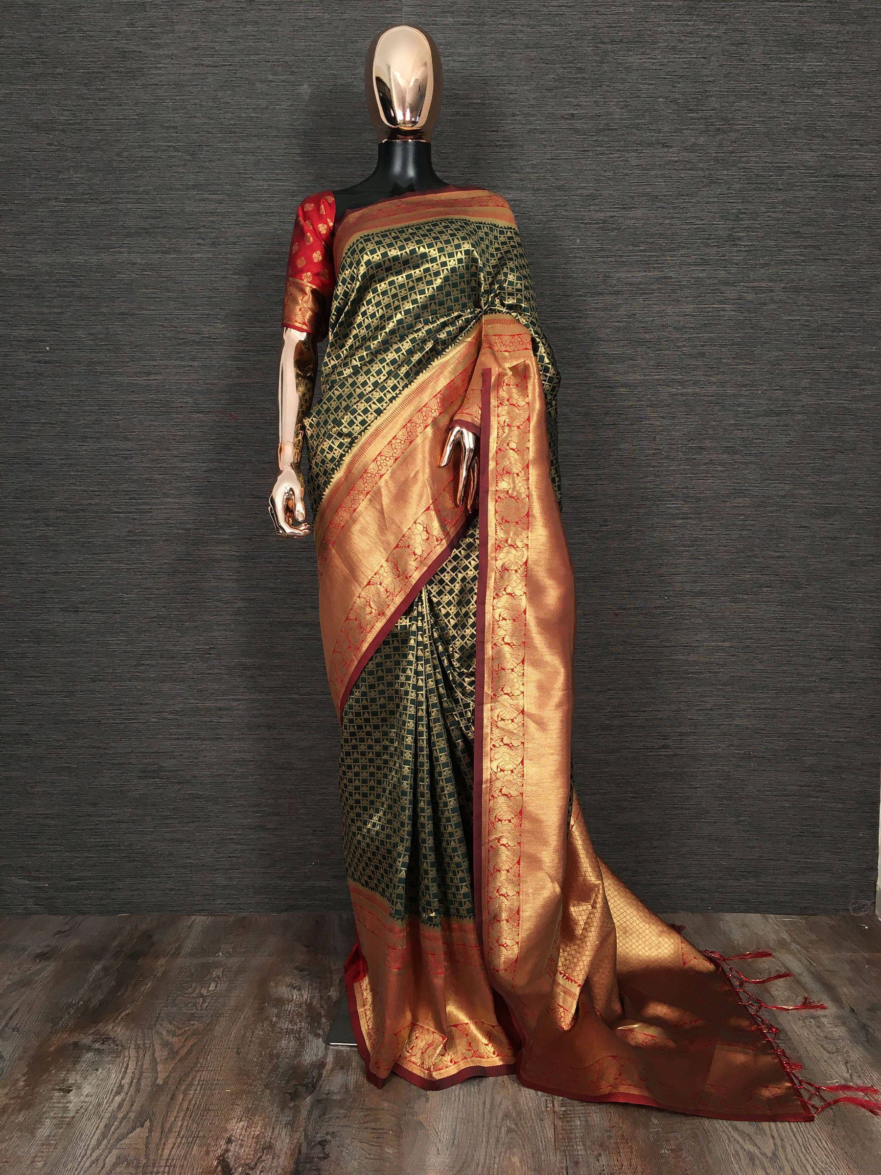 Green Zari Checks Banarasi Silk Wedding Wear Saree With Blouse