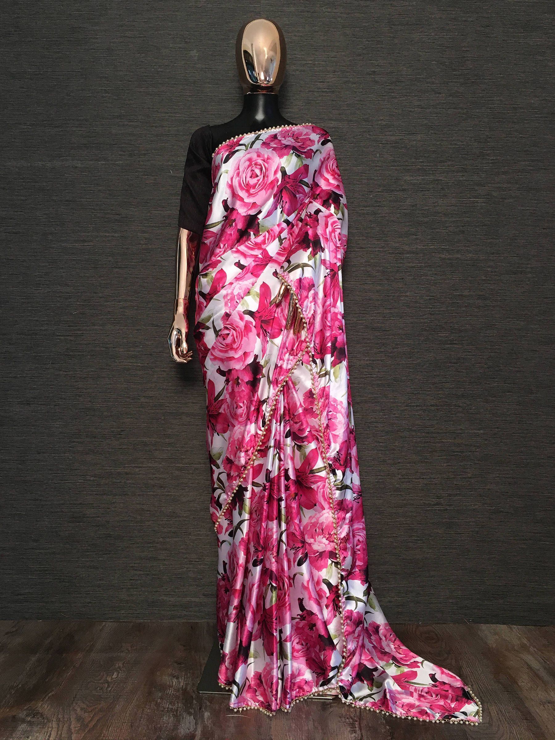 Dark Pink Floral Pearl Lace Devsena Satin Silk Party Wear Saree