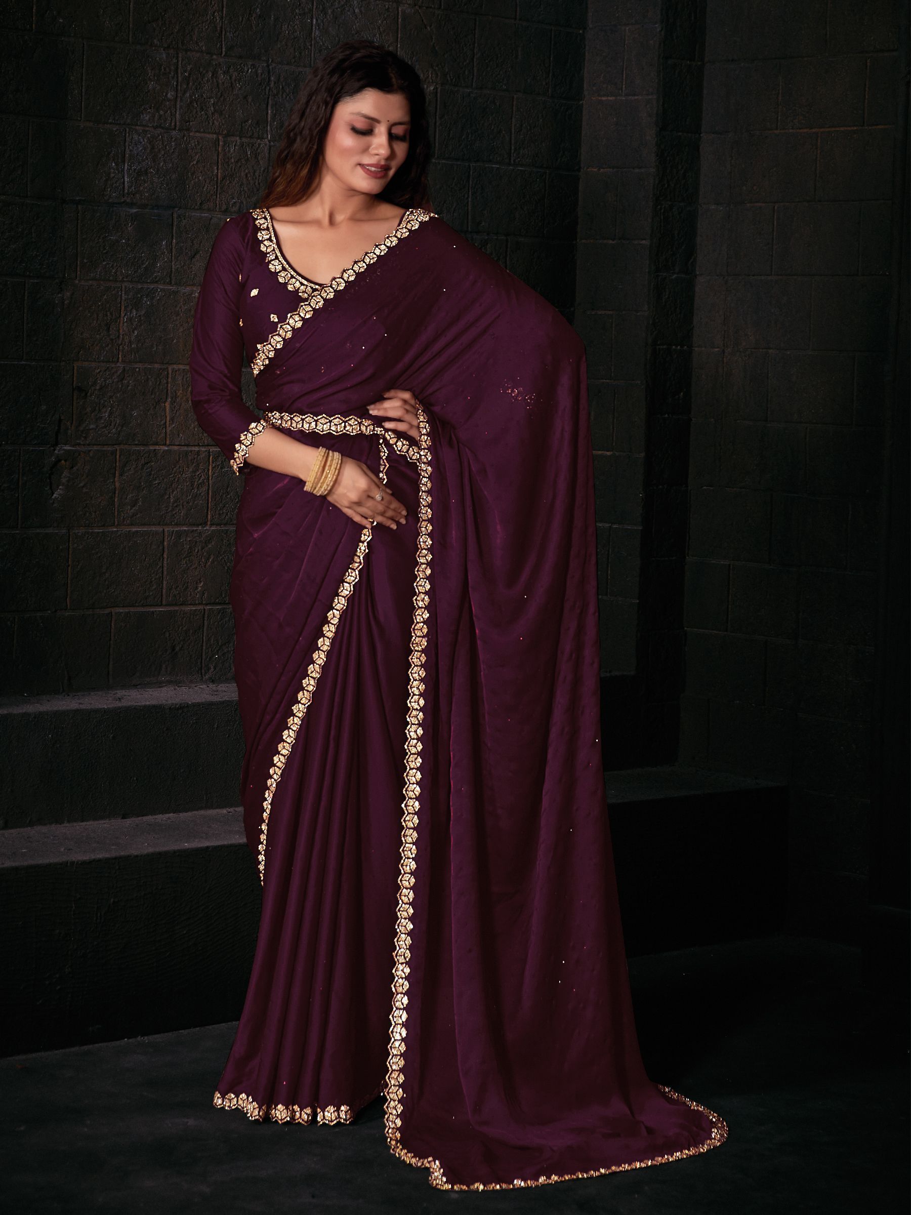 Bewitching Wine Zircon Work Satin Party Wear Saree With Blouse