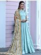 Sky Blue Silk Festival Wear Gown With Embroidered Dupatta