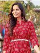 Stunning Red Floral Printed Readymade Rayon Kurti With Belt