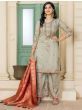 Olive Green Embroidered Pashmina Silk Straight Cut Party Wear Palazzo Suit With Orange Dupatta