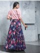 Readymade Navy Blue Printed Crepe Indo Western Skirt With Pink Crop Top