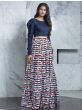 Readymade Multi Printed Crepe Indo Western Skirt With Navy Blue Crop Top