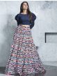 Readymade Multi Printed Crepe Indo Western Skirt With Navy Blue Crop Top