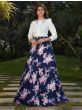 Blue Floral Crepe Indo Western Ready To Wear Skirt With Crop Top