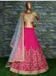 Pink Thread Embroidery Mulberry Silk Bridal Lehenga With Yellow Choli`